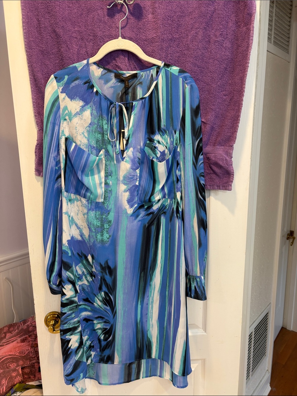 NWT BCBGMaxAzria Blue Multi-Stripe Long Sleeve Tie-Neck Dress